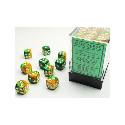 CHX26825 - Chessex Set de 36 dés 6 Gemini (12mm) Or-Vert /Blanc