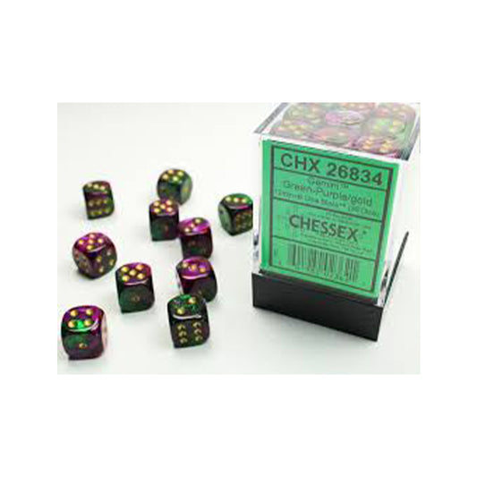 CHX26834 - Chessex Set de 36 dés 6 Gemini (12mm) Vert-Violet /Or