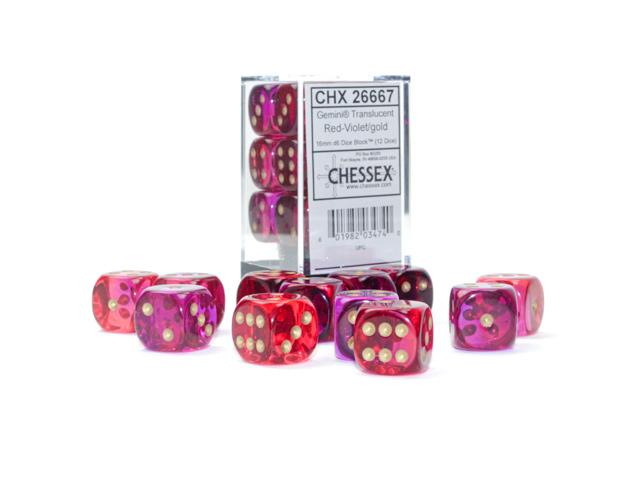 Chessex Set de 12 dés 6 (16mm) Gemini Polyhedral Translucide Rouge-Violet/Or