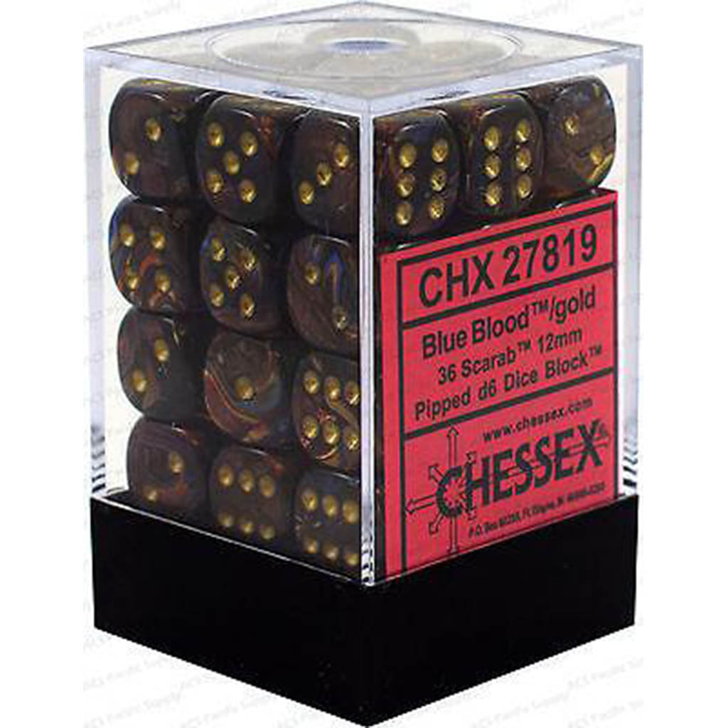 Chessex Set de 36 dés 6 Scarab (12mm) Blue Blood /Or