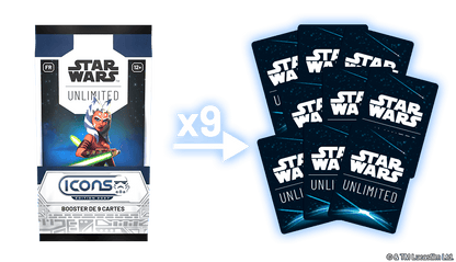Contenu d’un booster français Icons : 9 cartes, 24 sachets par display