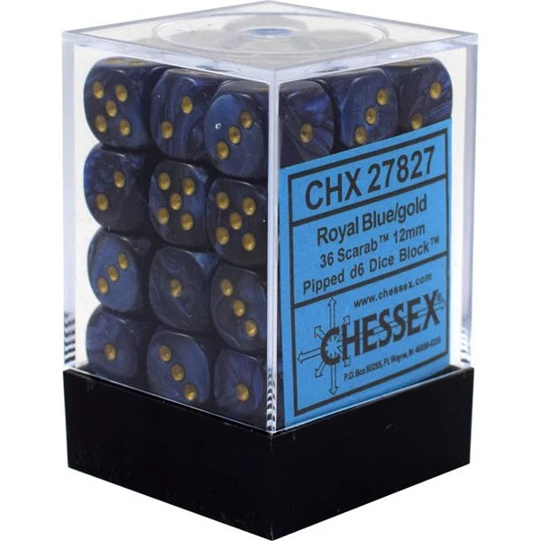 Chessex Set de 36 dés 6 Scarab (12mm) Bleu Royal /Or