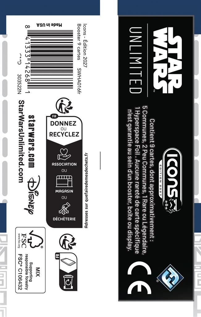 Dos du booster Icons 2027 français, contenu et code-barres du sachet