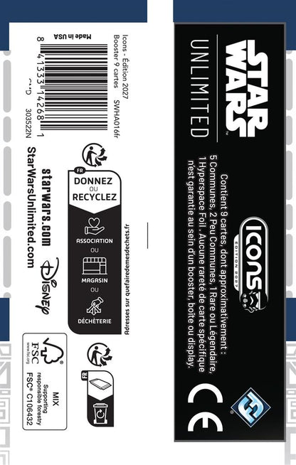 Dos du booster Icons 2027 français, contenu et code-barres du sachet