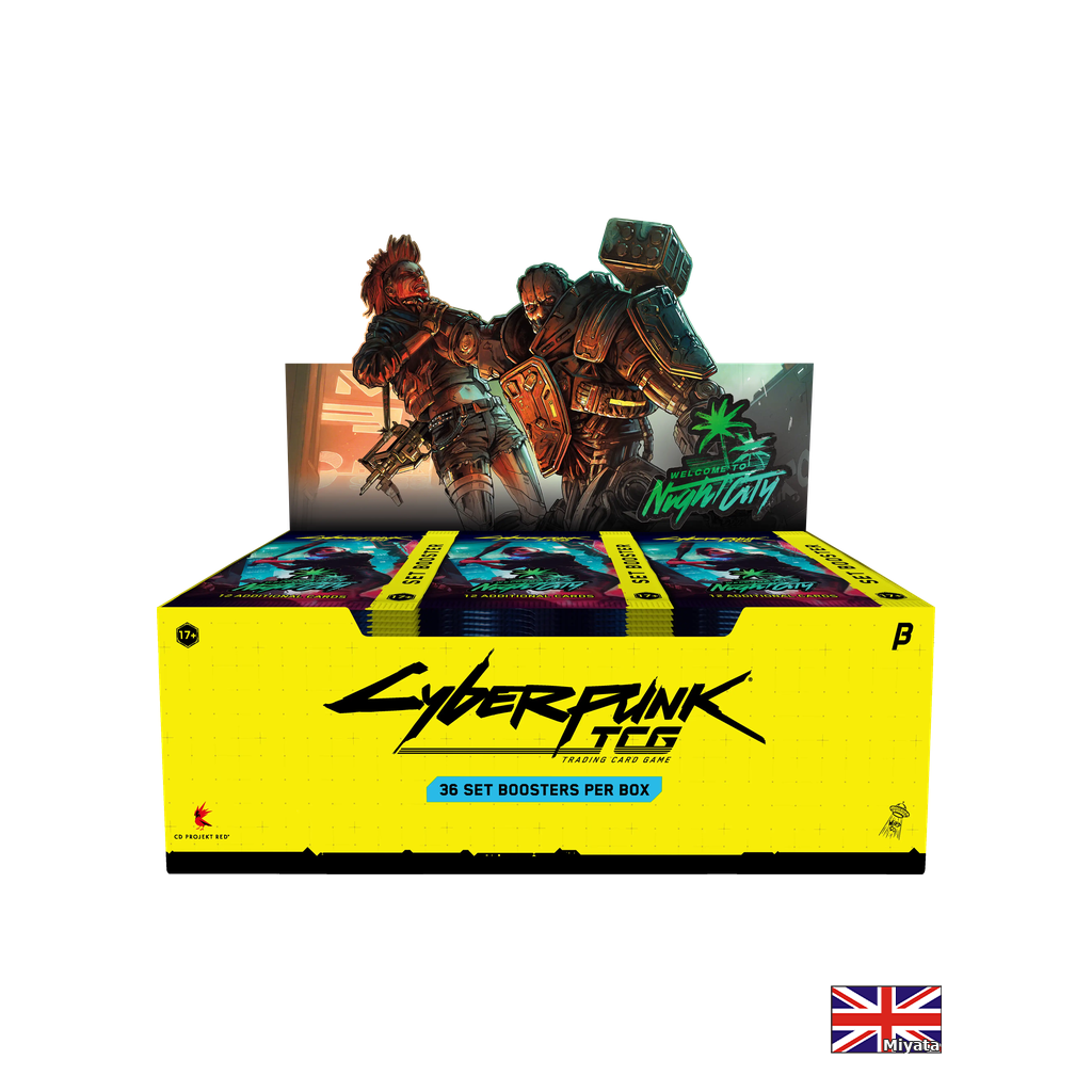 Cyberpunk TCG – Welcome to Night City Beta – Display de 36 boosters – Anglais – emballage officiel Beta, drapeau anglais Miyata