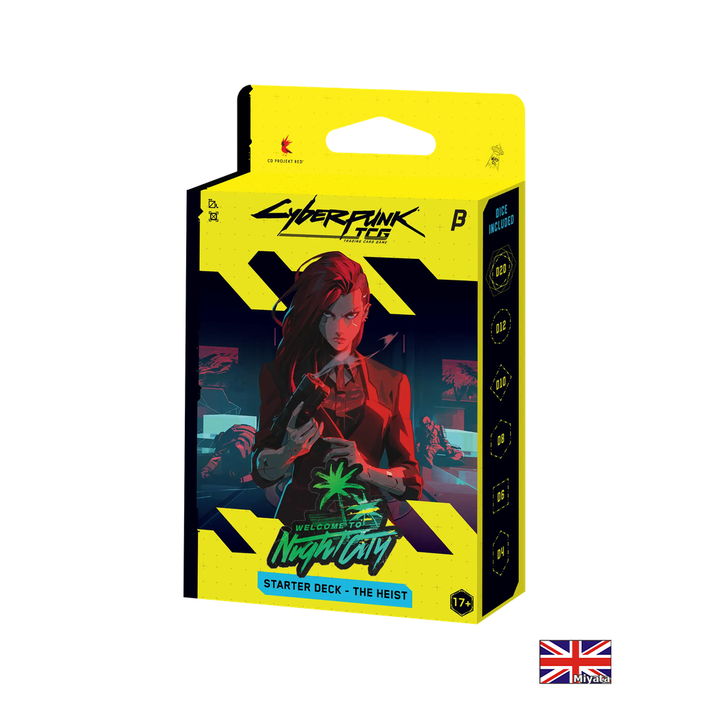 Cyberpunk TCG – Welcome to Night City Beta – Starter Deck The Heist – Anglais – emballage officiel Beta, drapeau anglais Miyata