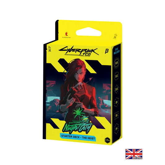 Cyberpunk TCG – Welcome to Night City Beta – Starter Deck The Heist – Anglais – emballage officiel Beta, drapeau anglais Miyata